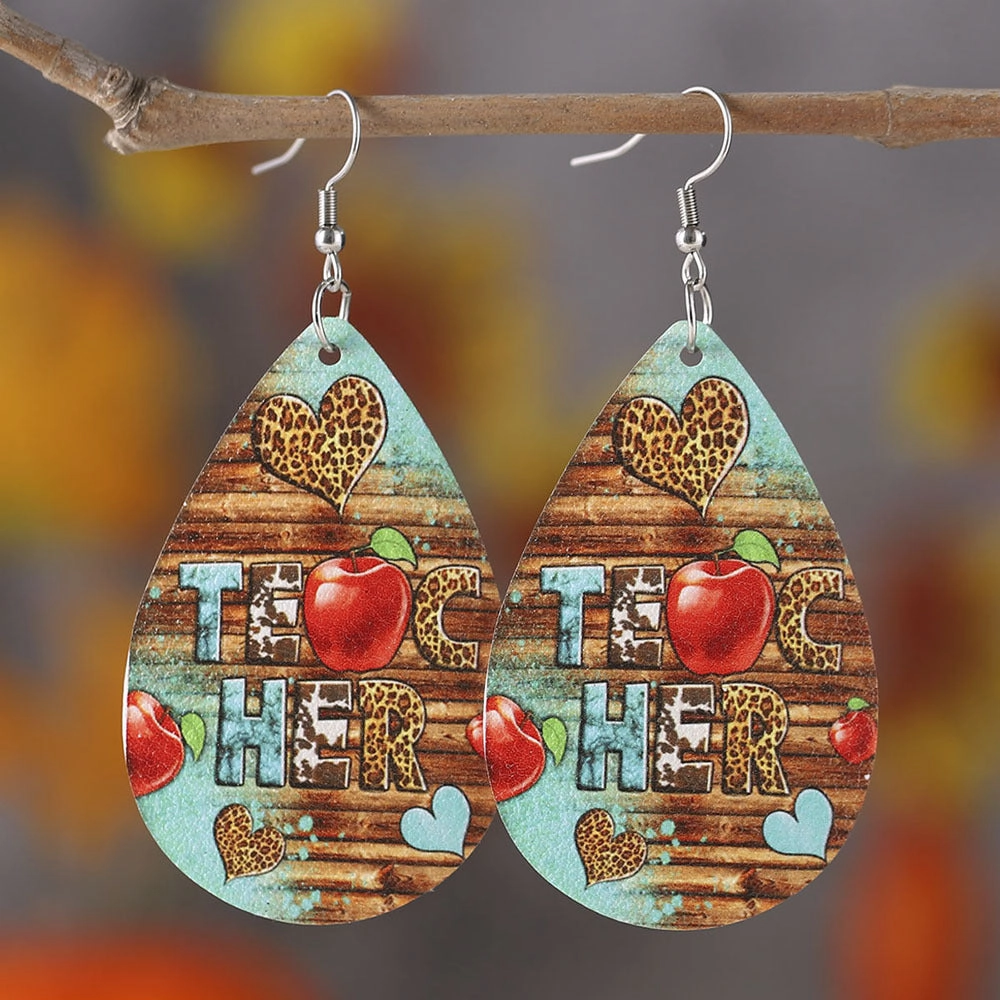 Wholesale Teacher Apple Leopard Leather Drop Earrings