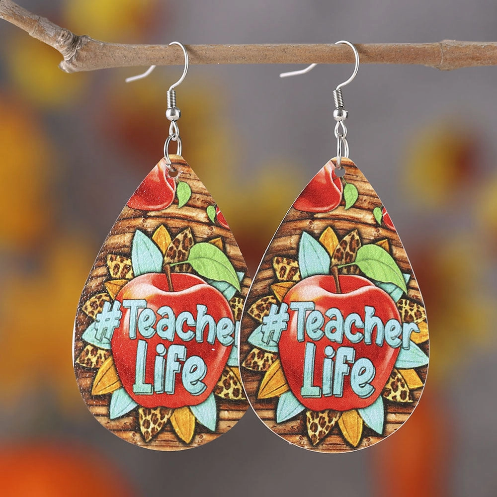 Wholesale Teacher Apple Leopard Leather Drop Earrings