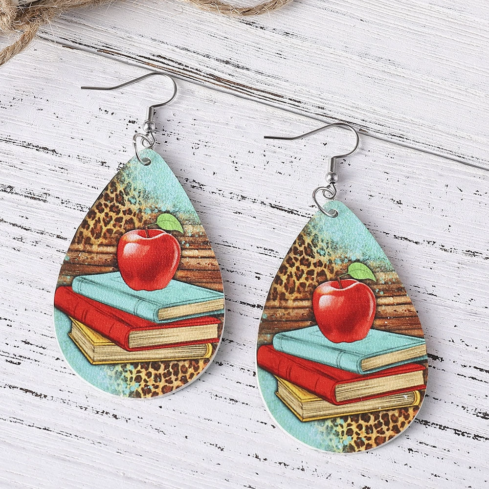 Wholesale Teacher Apple Leopard Leather Drop Earrings