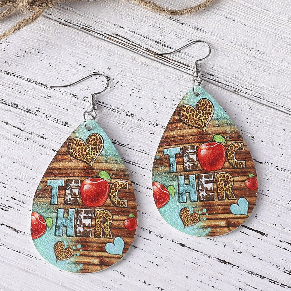 Wholesale Teacher Apple Leopard Leather Drop Earrings