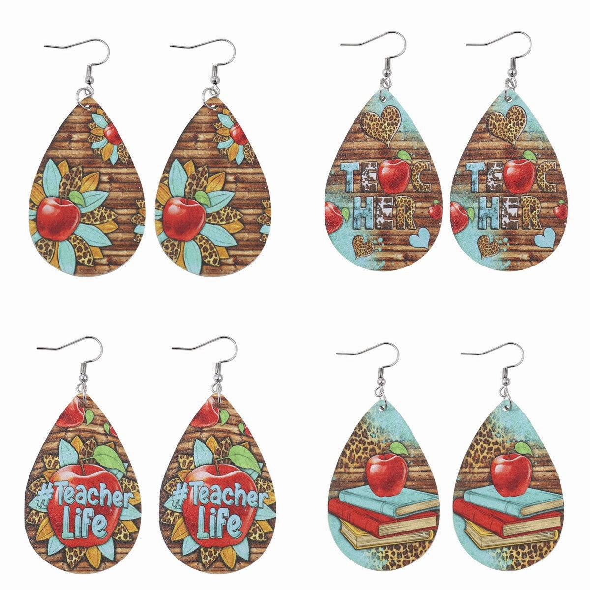 Wholesale Teacher Apple Leopard Leather Drop Earrings