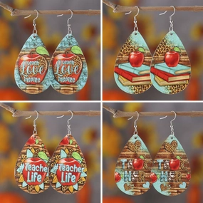 Wholesale Teacher Apple Leopard Leather Drop Earrings