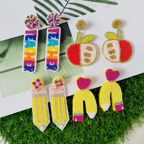 Wholesale Teacher Pencil Apple Fabric Handmade Rice Bead Earrings