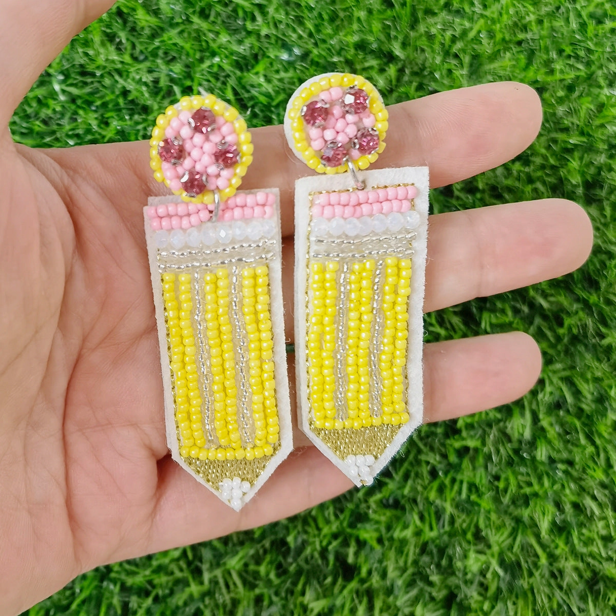 Wholesale Teacher Pencil Apple Fabric Handmade Rice Bead Earrings