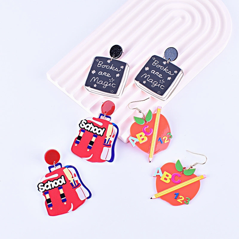 Wholesale Teacher's Day Back To School Season Pencil Rainbow Book Bag Book Red Apple Acrylic Earrings