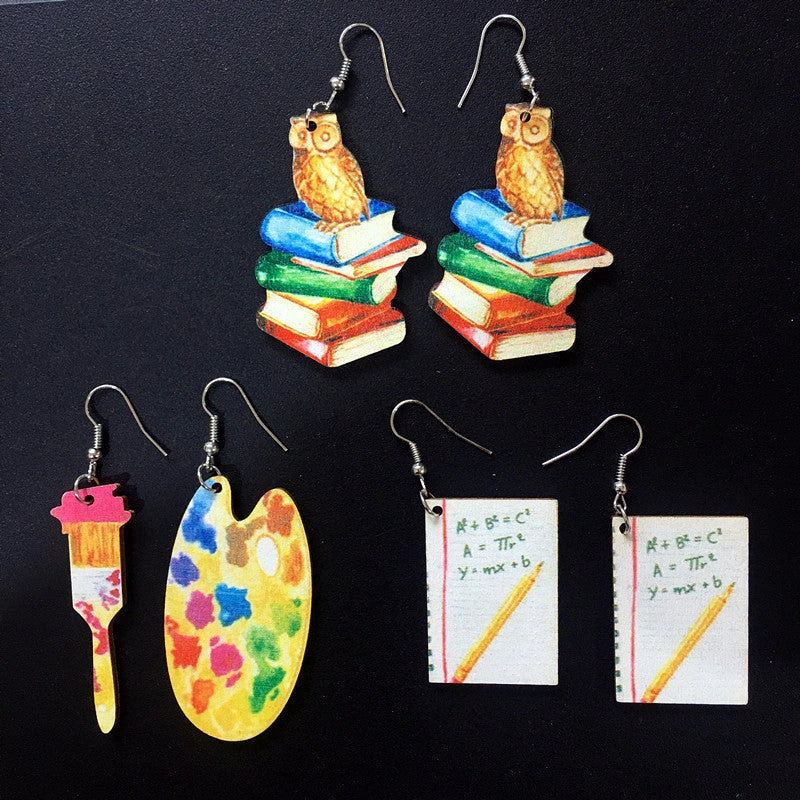 Wholesale Teacher's Day Books Paintbrushes Wooden Earrings