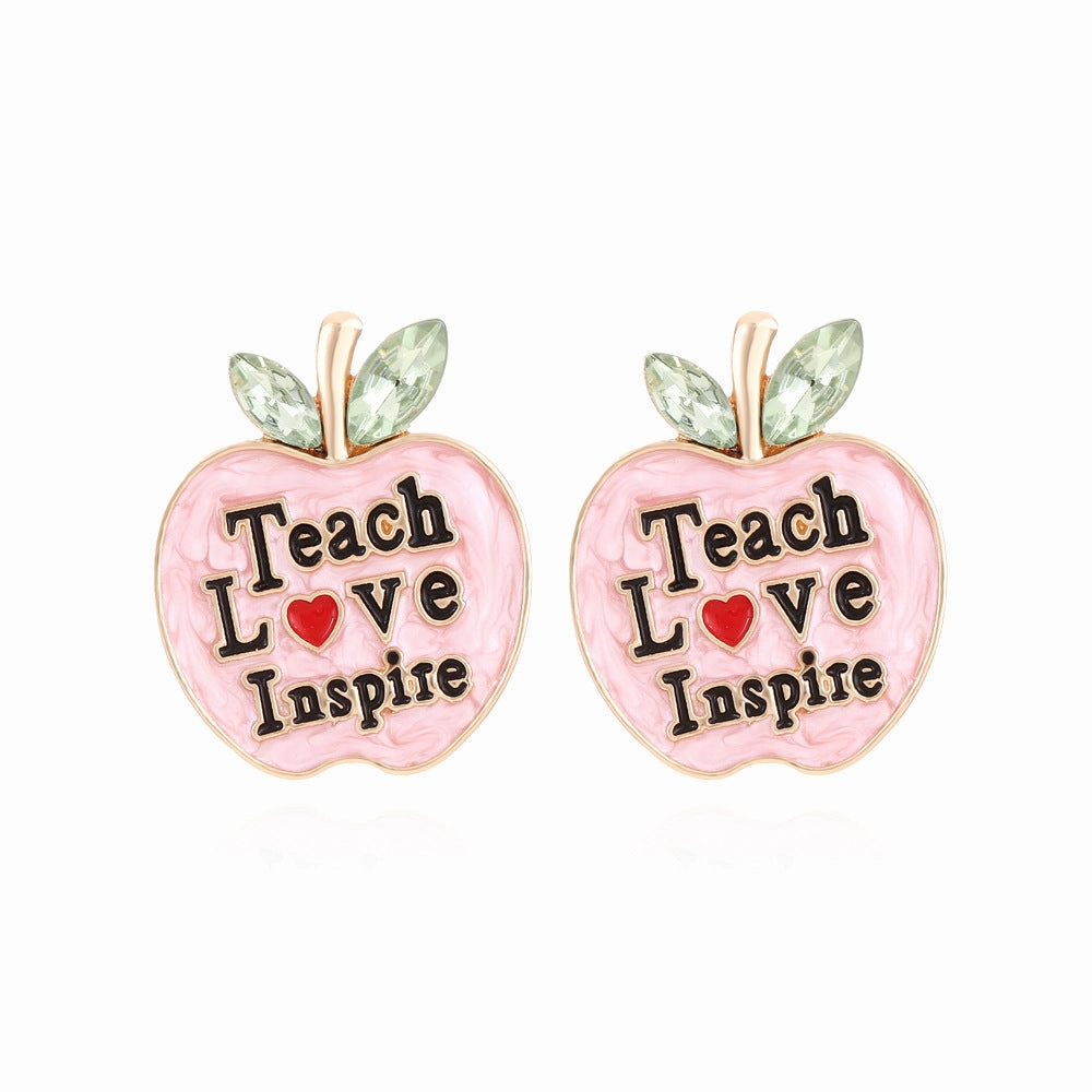 Wholesale Teacher's Day Color Diamond Apple Alloy Earrings