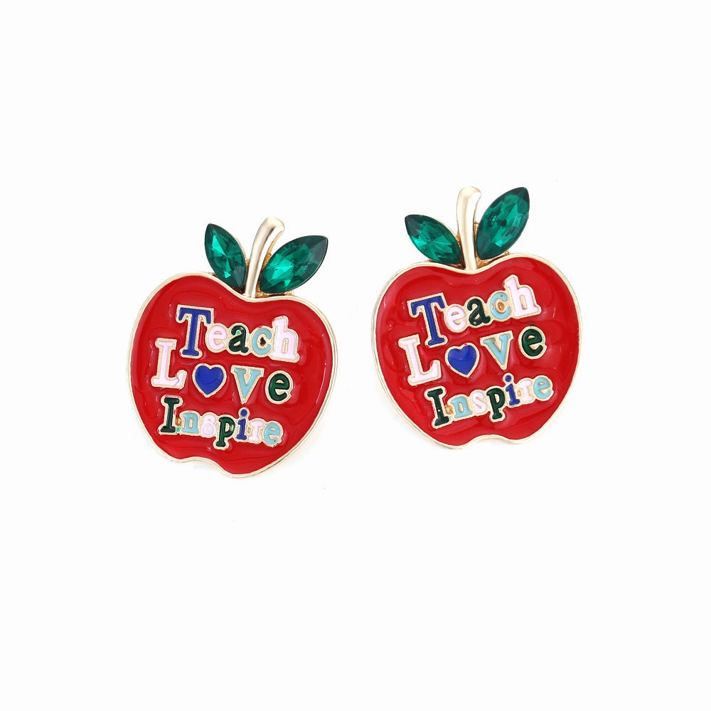 Wholesale Teacher's Day Color Diamond Apple Alloy Earrings