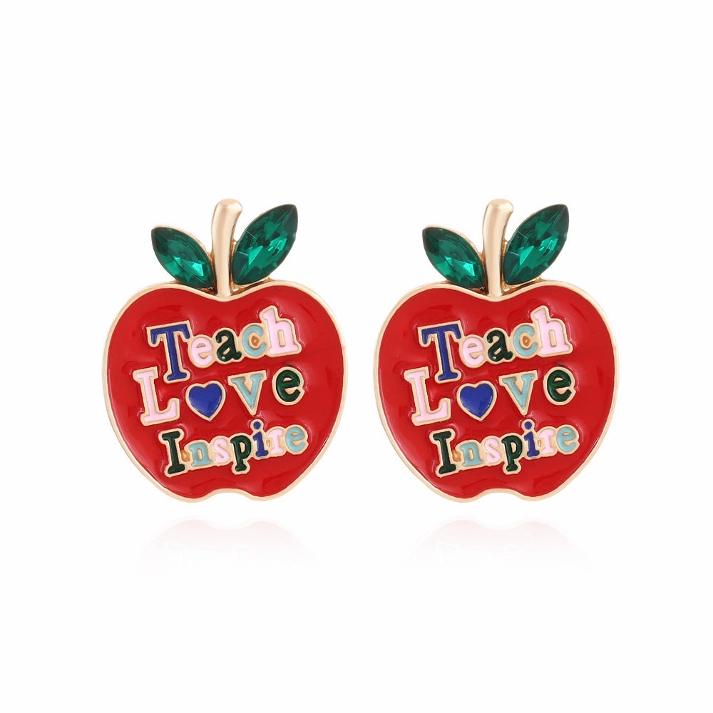 Wholesale Teacher's Day Color Diamond Apple Alloy Earrings