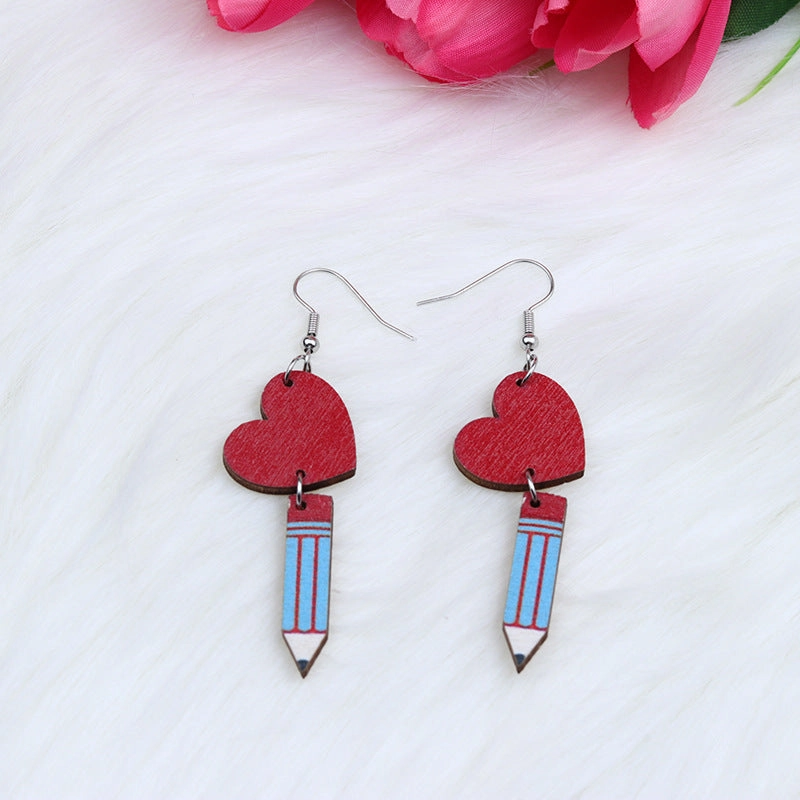 Wholesale Teacher's Day Heart Hollow Wooden Earrings