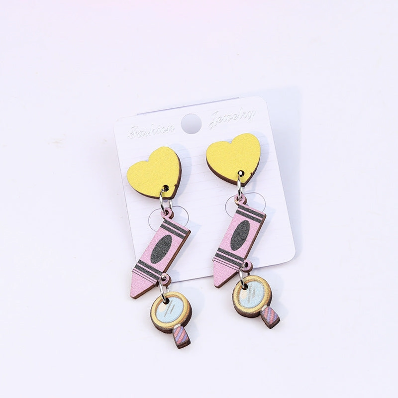 Wholesale Teacher's Day Pen Stripe Heart Wood Ear Studs