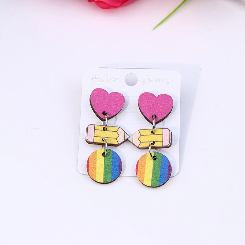 Wholesale Teacher's Day Pen Stripe Heart Wood Ear Studs