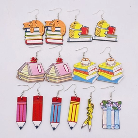 Wholesale Teacher's Day Pencil Book Squirrel Wooden Earrings