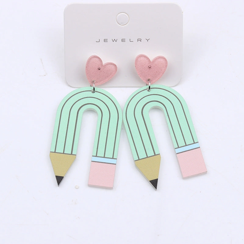 Wholesale Teacher's Day Pencil Stripe Heart Acrylic Earrings