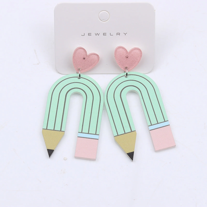 Wholesale Teacher's Day Pencil Stripe Heart Acrylic Earrings