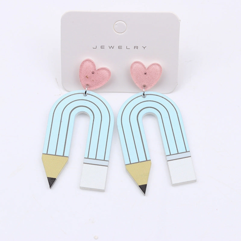Wholesale Teacher's Day Pencil Stripe Heart Acrylic Earrings