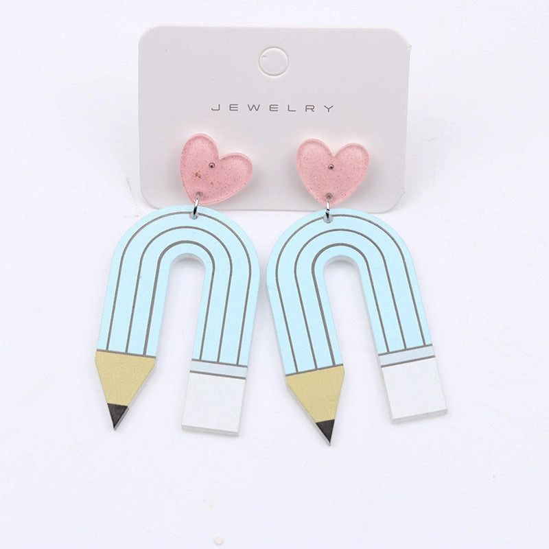 Wholesale Teacher's Day Pencil Stripe Heart Acrylic Earrings