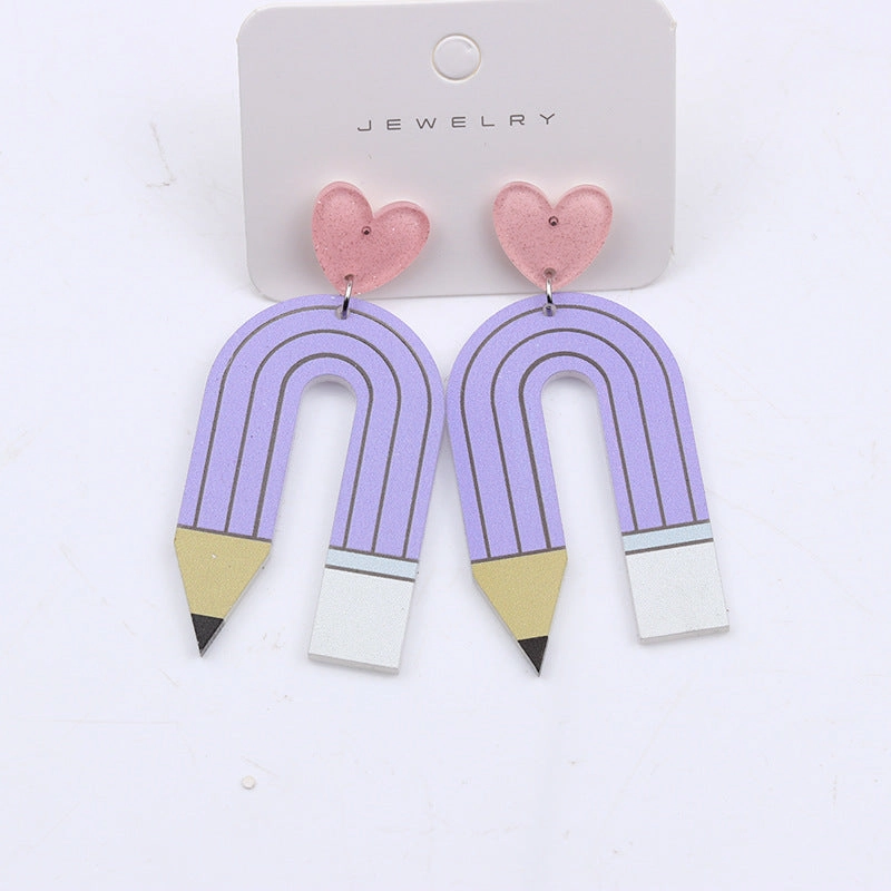 Wholesale Teacher's Day Pencil Stripe Heart Acrylic Earrings