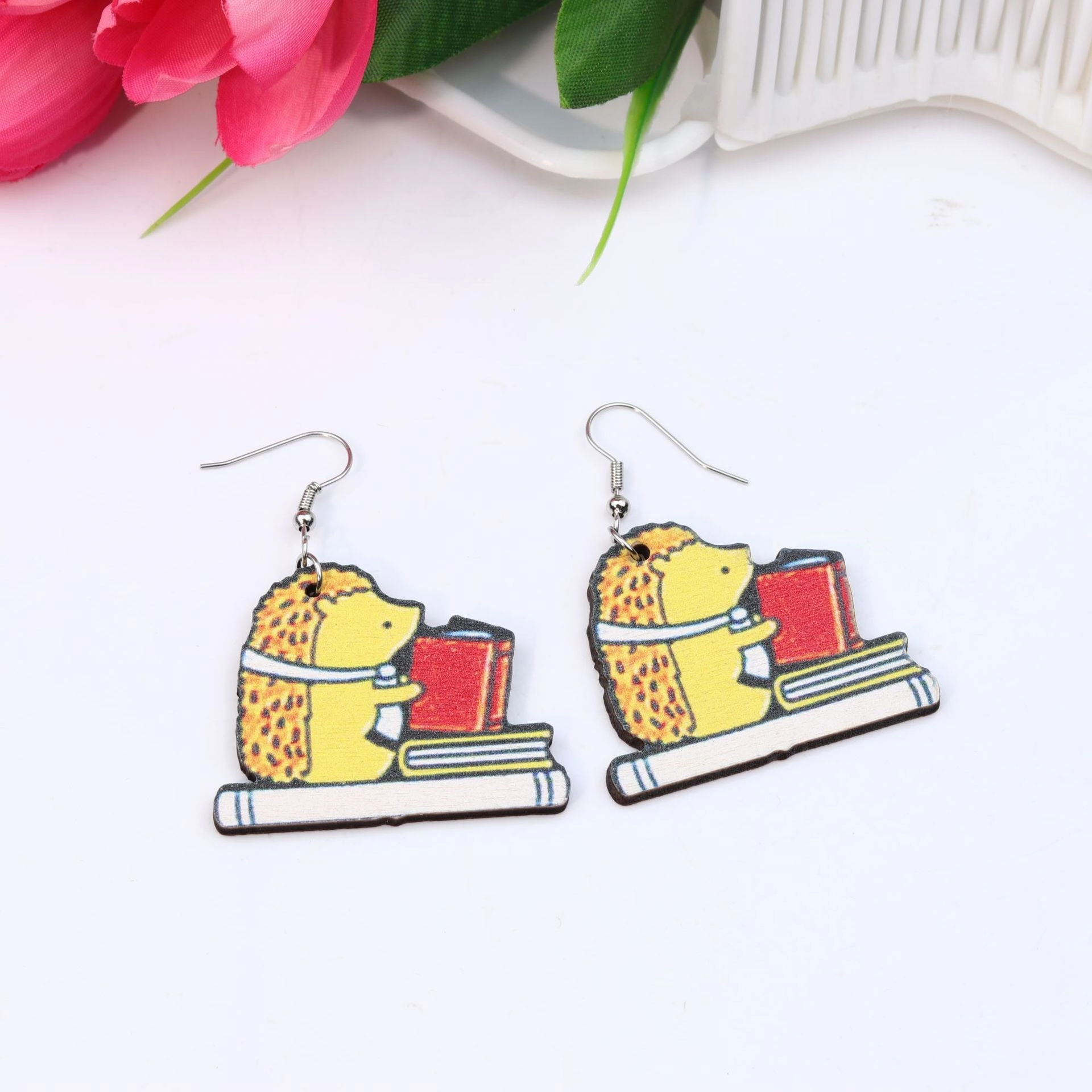 Wholesale Teacher's Day Wood Printing Pencil Book Ear Studs