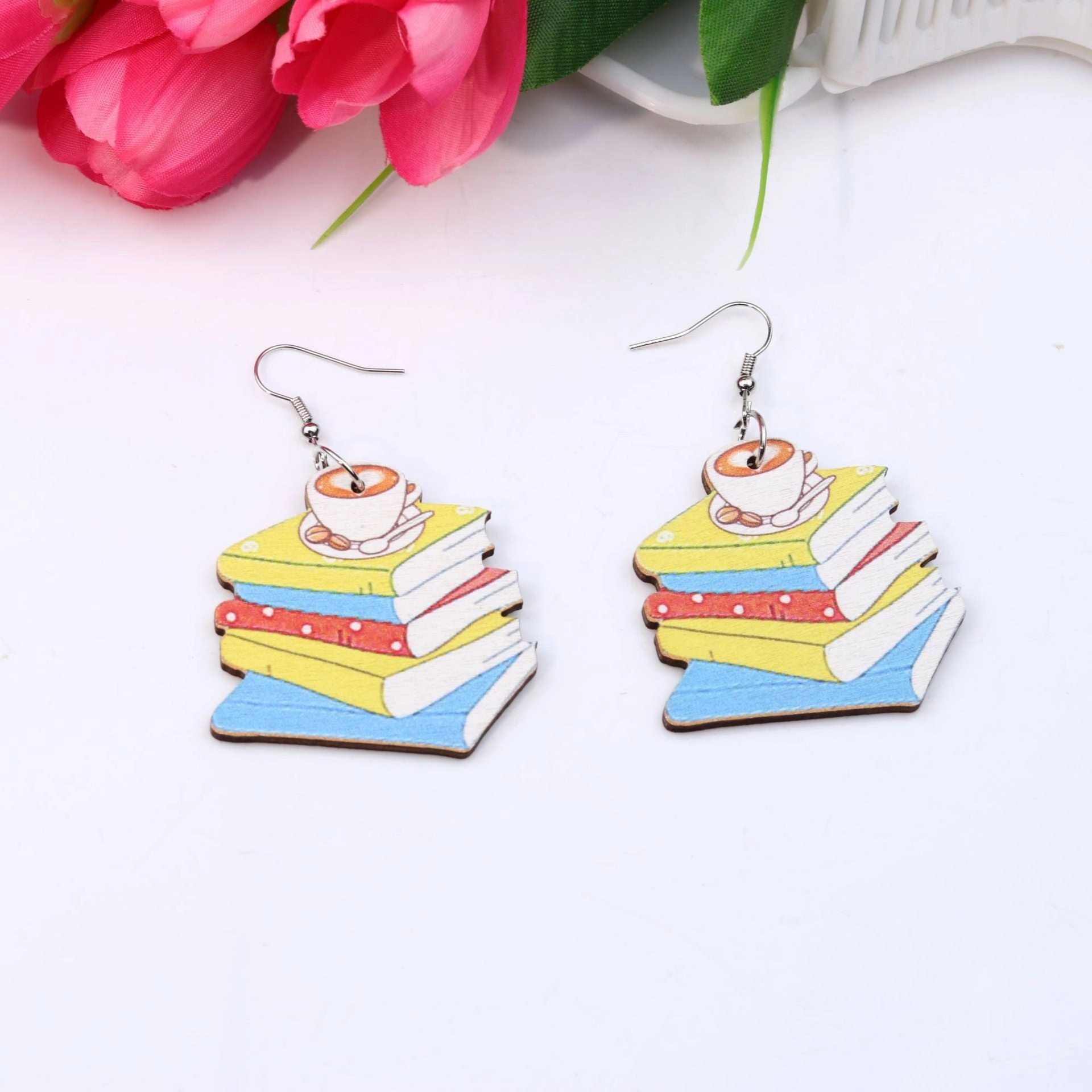 Wholesale Teacher's Day Wood Printing Pencil Book Ear Studs