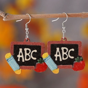 Wholesale Teachers ABC Blackboard Apple Double Sided Wooden Earrings