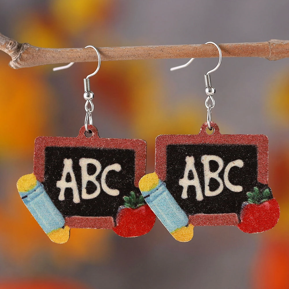 Wholesale Teachers ABC Blackboard Apple Double Sided Wooden Earrings