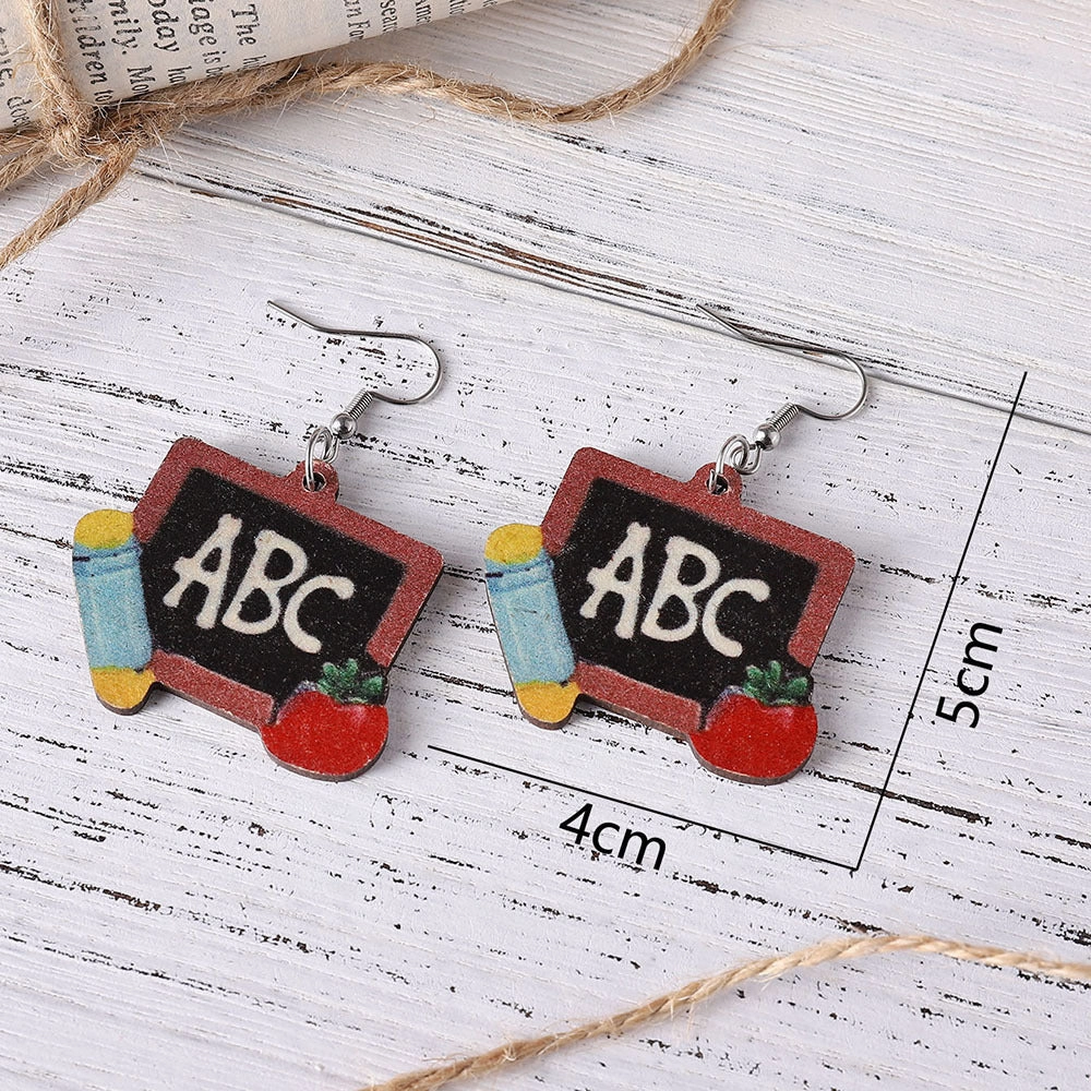 Wholesale Teachers ABC Blackboard Apple Double Sided Wooden Earrings