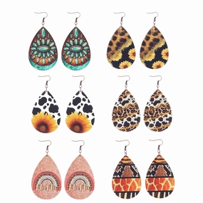 Wholesale Teardrop Shape Leopard Sunflower Cow Wood Earrings
