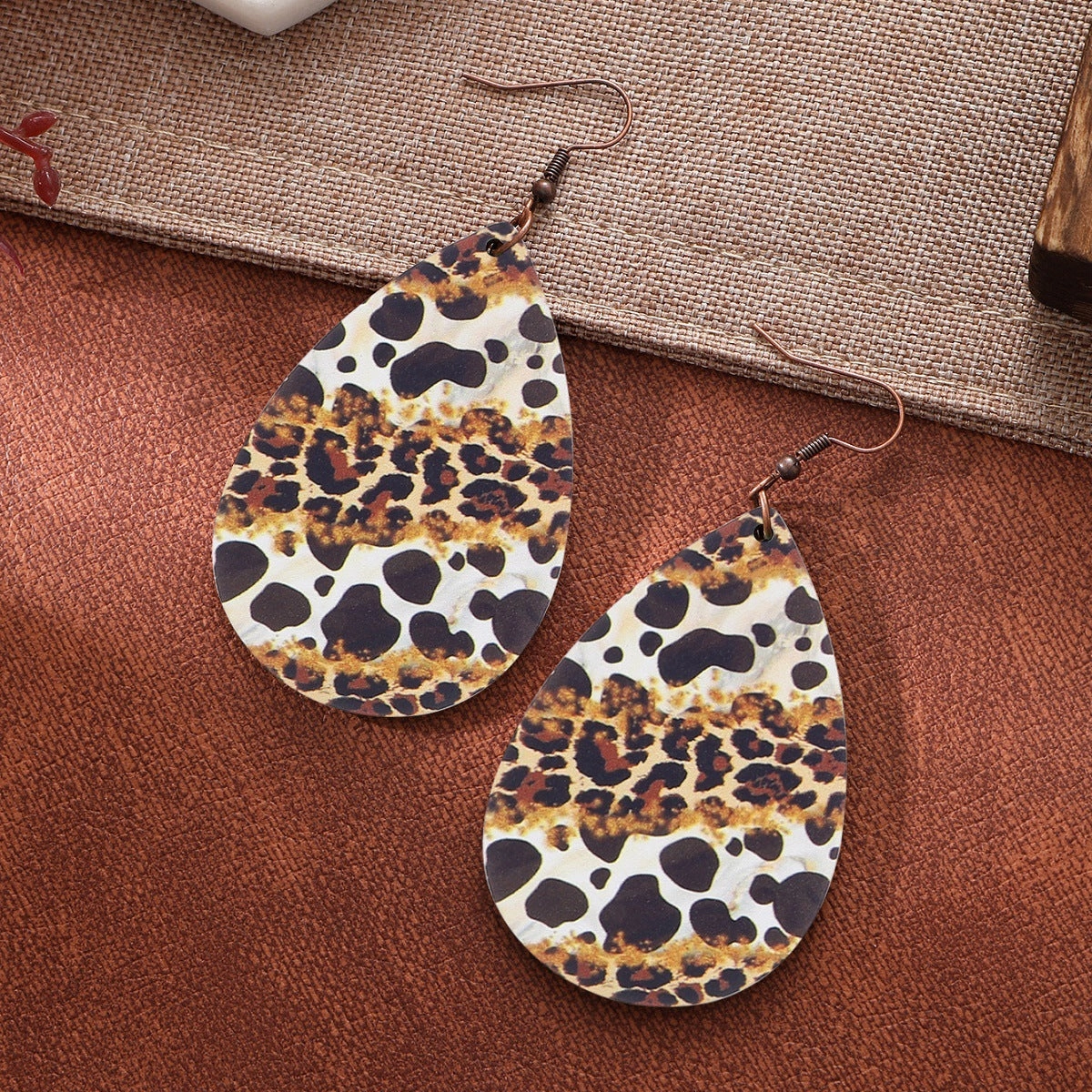 Wholesale Teardrop Shape Leopard Sunflower Cow Wood Earrings