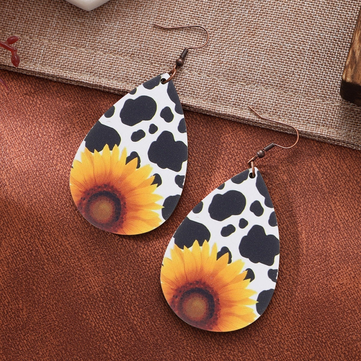 Wholesale Teardrop Shape Leopard Sunflower Cow Wood Earrings