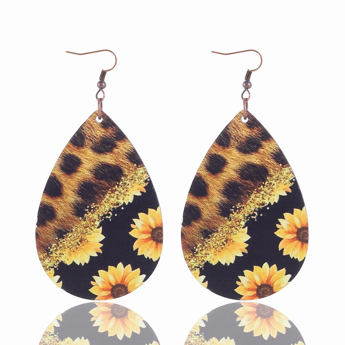 Wholesale Teardrop Shape Leopard Sunflower Cow Wood Earrings