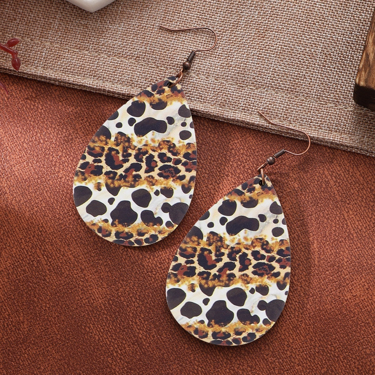Wholesale Teardrop Shape Leopard Sunflower Cow Wood Earrings