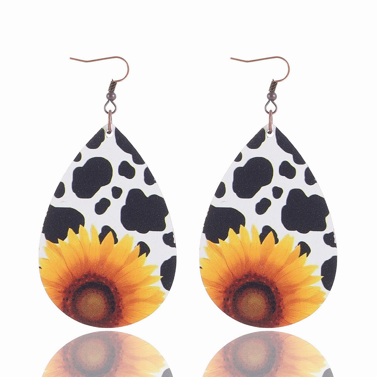 Wholesale Teardrop Shape Leopard Sunflower Cow Wood Earrings