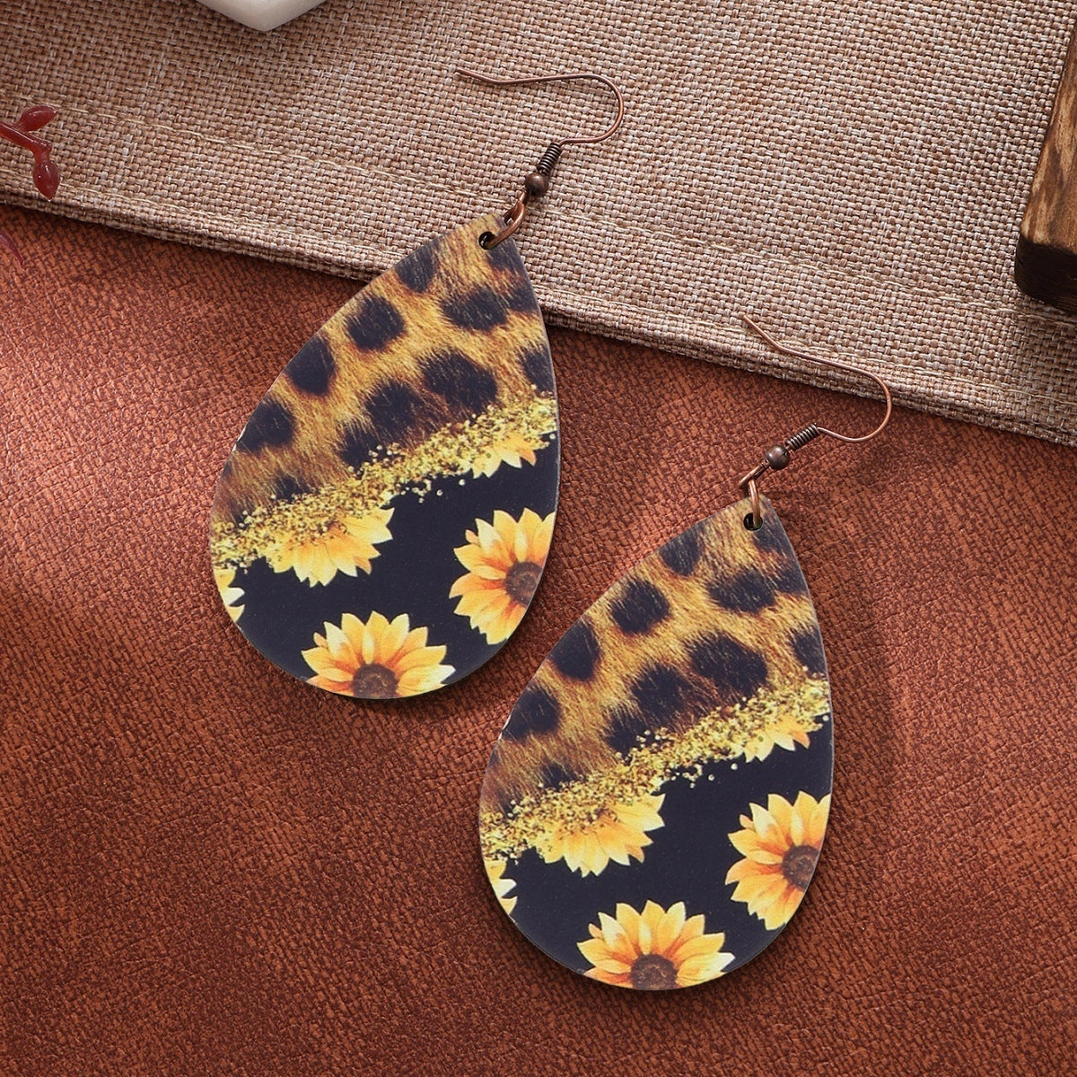 Wholesale Teardrop Shape Leopard Sunflower Cow Wood Earrings