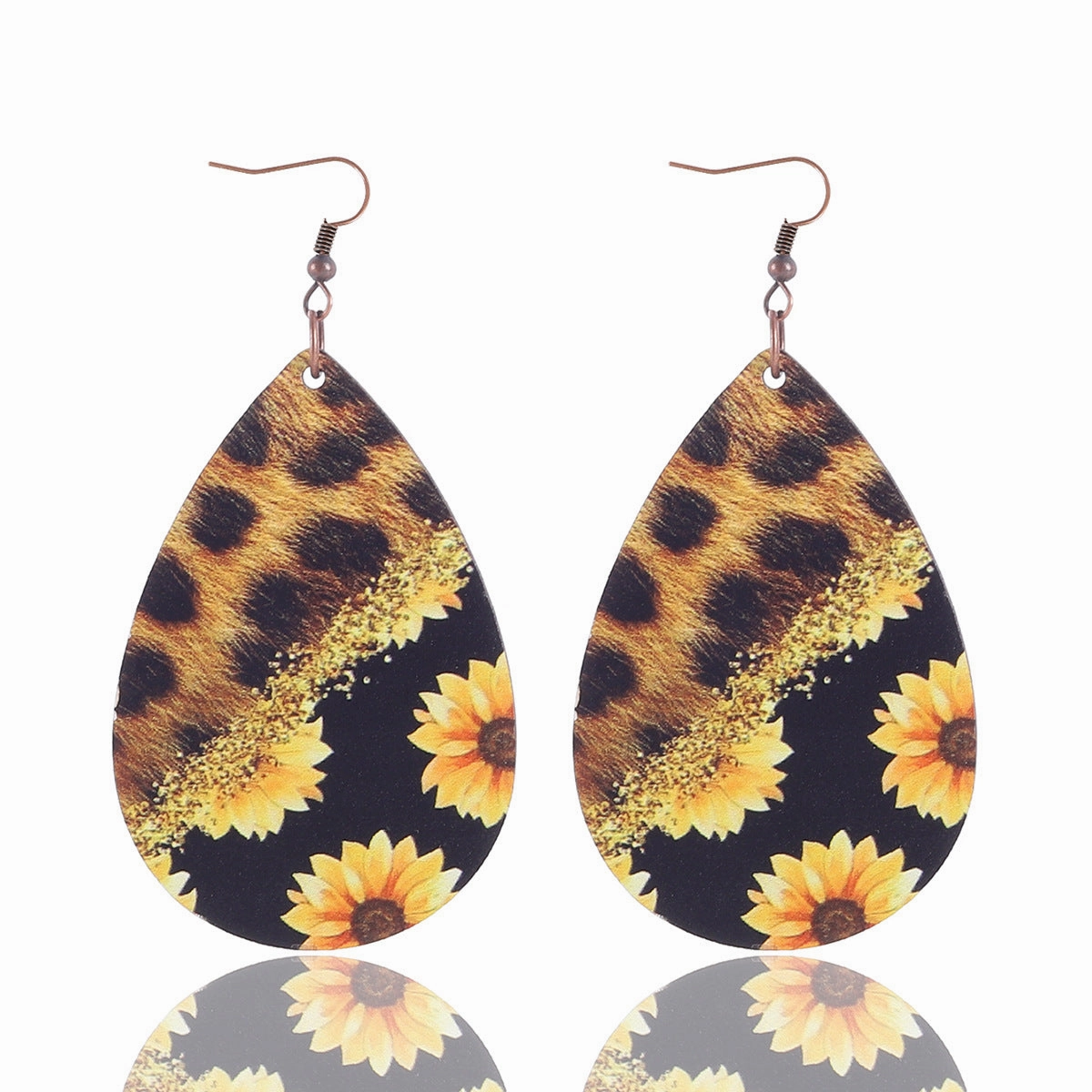 Wholesale Teardrop Shape Leopard Sunflower Cow Wood Earrings