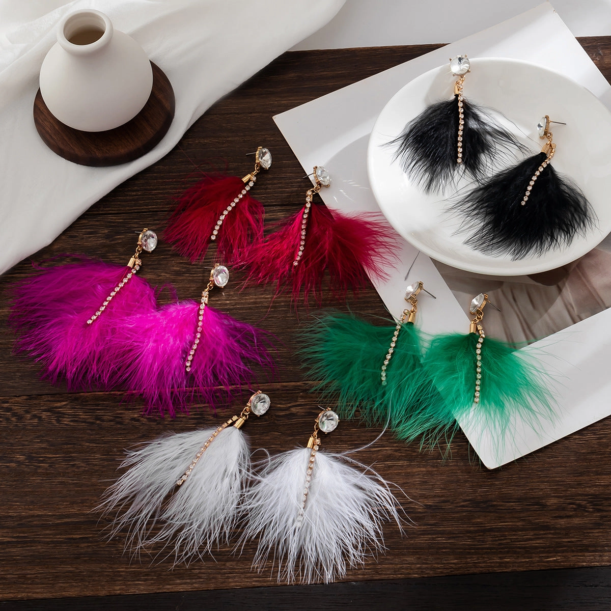 Wholesale Temperament Feather Tassel Imitation Pearl Earrings