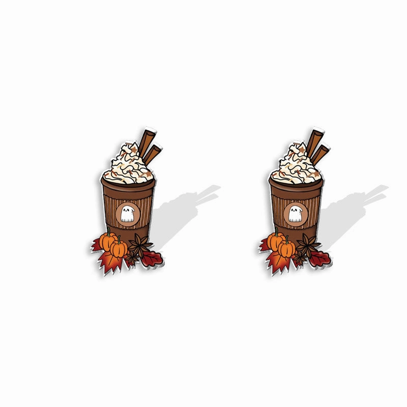Wholesale Thanksgiving Coffee Ghost Maple Leaf Pumpkin Print Acrylic Earrings