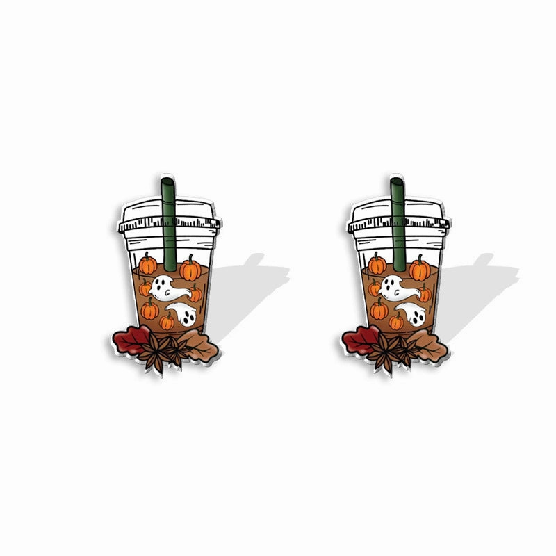 Wholesale Thanksgiving Coffee Ghost Maple Leaf Pumpkin Print Acrylic Earrings