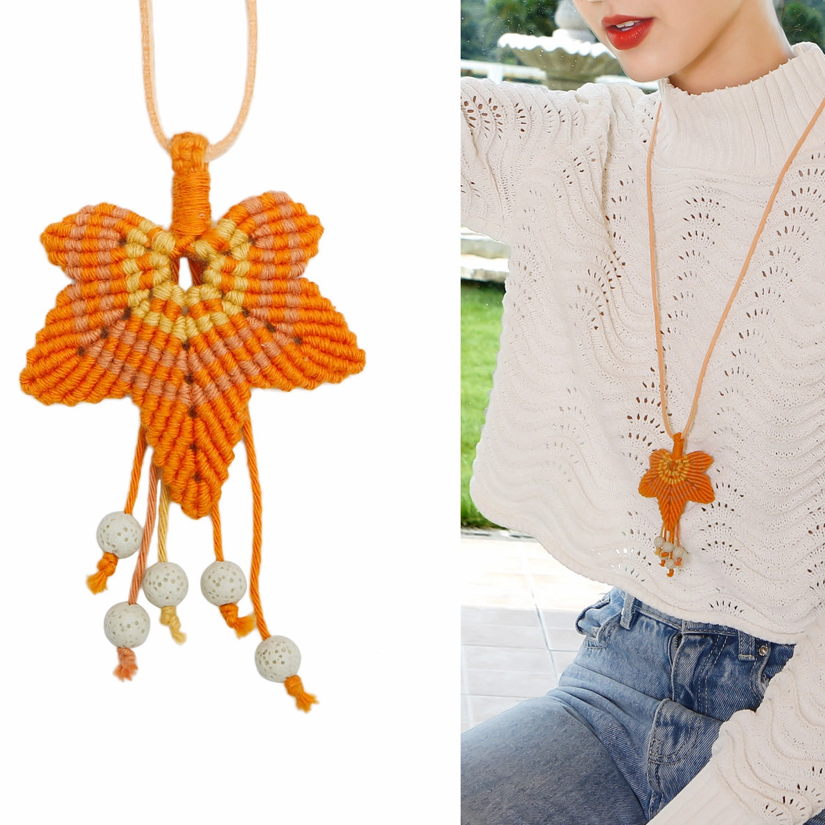 Wholesale Thanksgiving Maple Leaf Handmade Rope Woven Necklaces