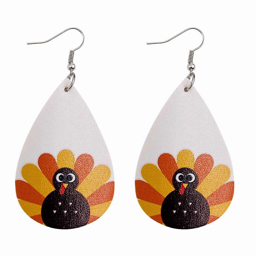 Wholesale Thanksgiving Pumpkin Autumn Maple Leaf Reversible Print Leather Earrings
