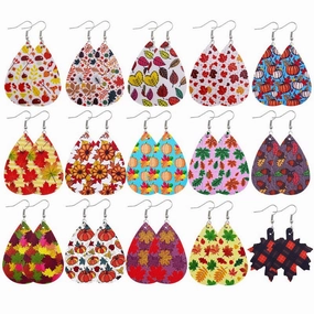 Wholesale Thanksgiving Pumpkin Autumn Maple Leaf Reversible Print Leather Earrings
