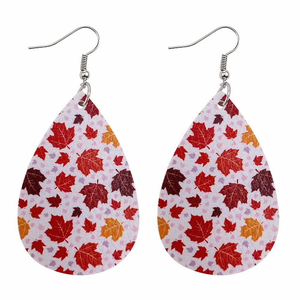Wholesale Thanksgiving Pumpkin Autumn Maple Leaf Reversible Print Leather Earrings
