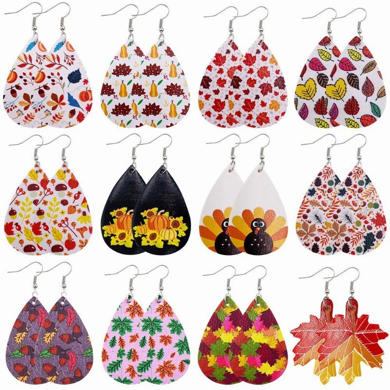 Wholesale Thanksgiving Pumpkin Autumn Maple Leaf Reversible Print Leather Earrings