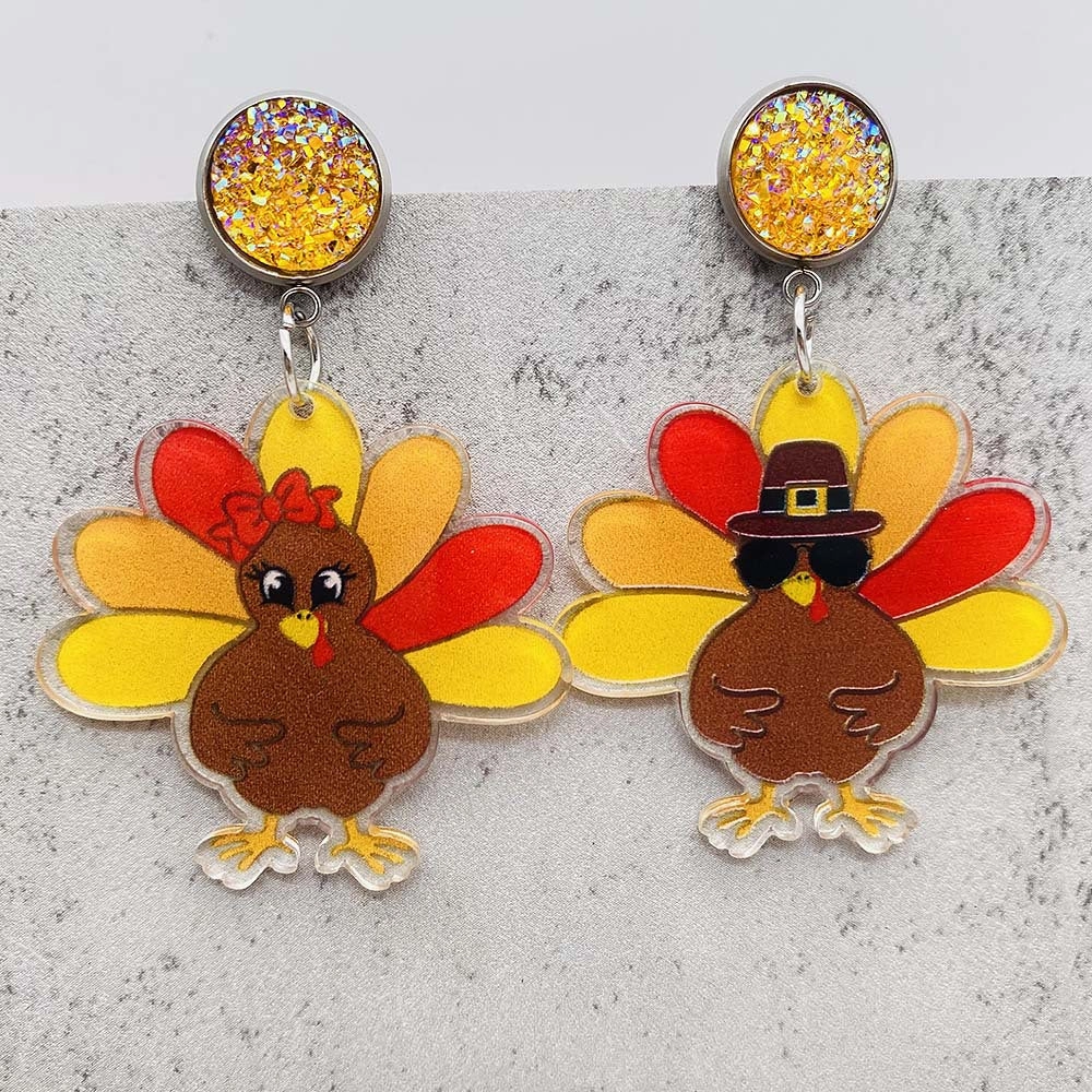 Wholesale Thanksgiving Turkey Acrylic Personalized Fashion Turkey Asymmetric Pendant Earrings