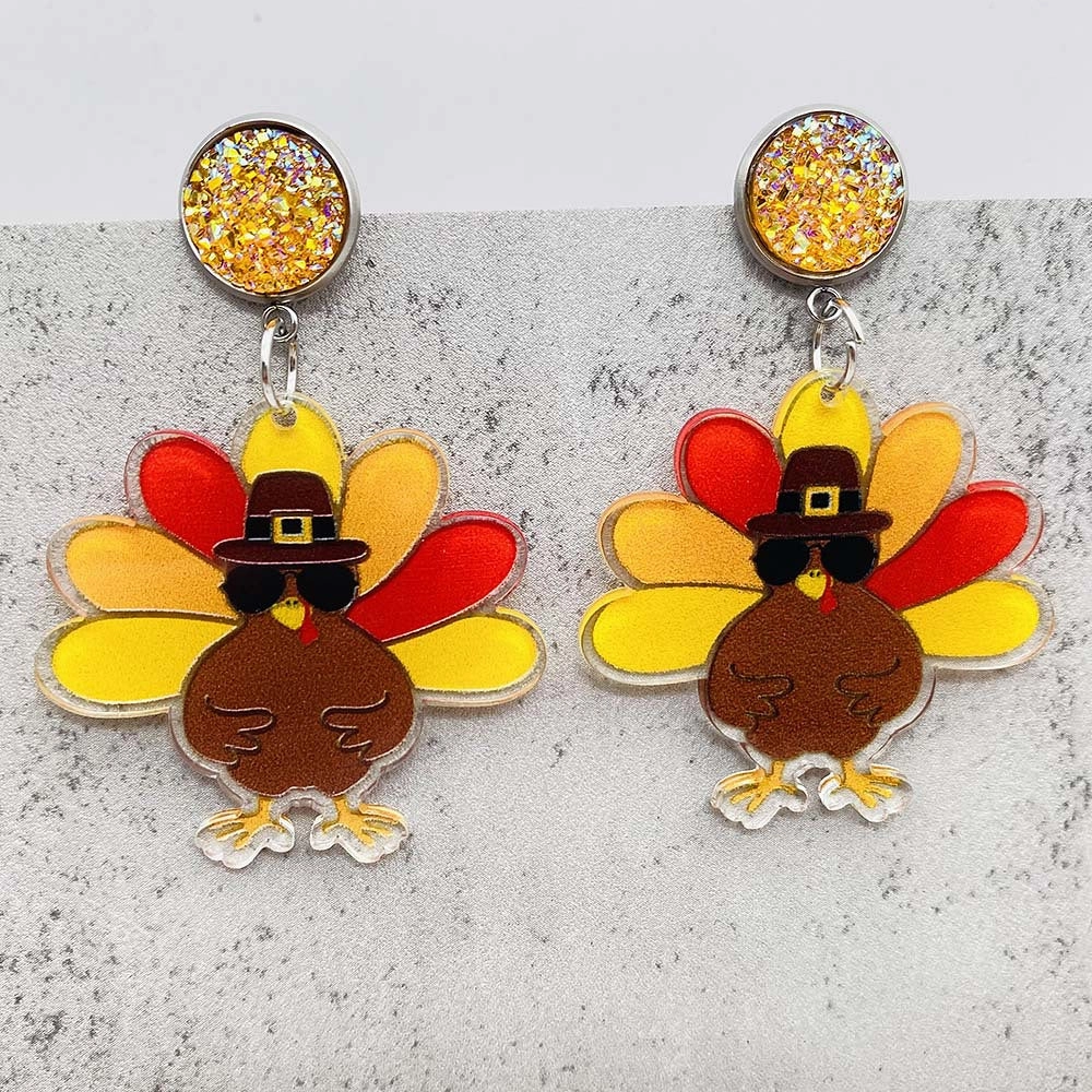 Wholesale Thanksgiving Turkey Acrylic Personalized Fashion Turkey Asymmetric Pendant Earrings