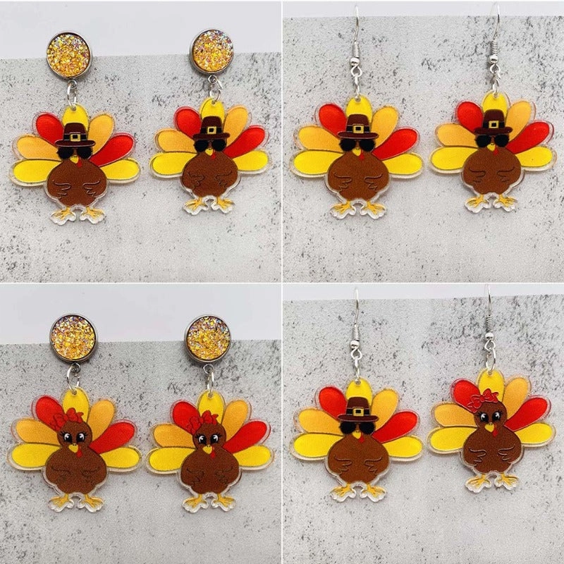 Wholesale Thanksgiving Turkey Acrylic Personalized Fashion Turkey Asymmetric Pendant Earrings