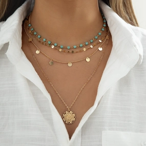 Wholesale Thin Chain Turquoise Beaded Flower Plate Pendant Alloy Necklaces
