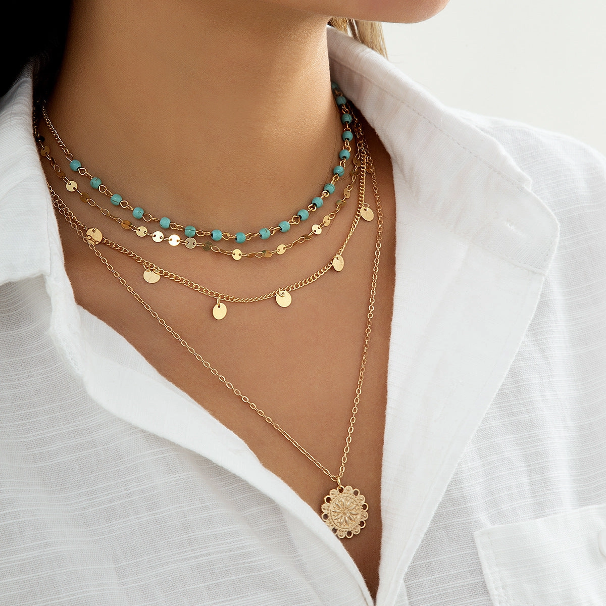 Wholesale Thin Chain Turquoise Beaded Flower Plate Pendant Alloy Necklaces