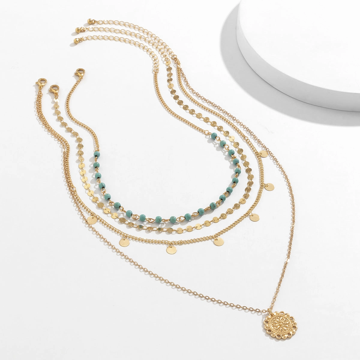 Wholesale Thin Chain Turquoise Beaded Flower Plate Pendant Alloy Necklaces