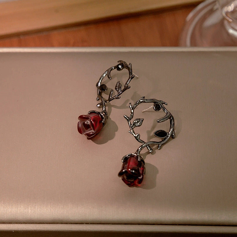 Wholesale Thorn Cane Red Rose Alloy Earrings